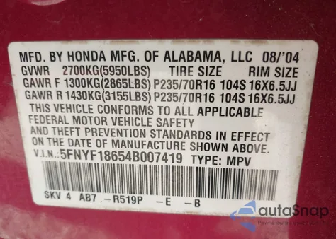 2004 Honda Pilot Ex-L z USA, uszkodzony, nr VIN 5FNYF18654B007419